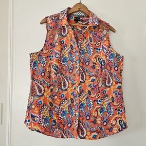 Talbots Womens Top 16 Non-Iron Button Front Boho Preppy Colorful Maximalist